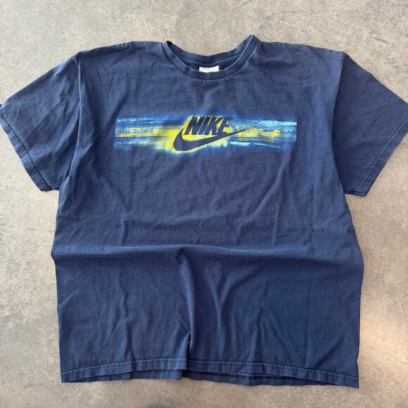 Vintage Y2K Nike Multi Color Stripe Logo Spell Out Navy Blue Cotton T Shirt XL - Picture 1 of 5